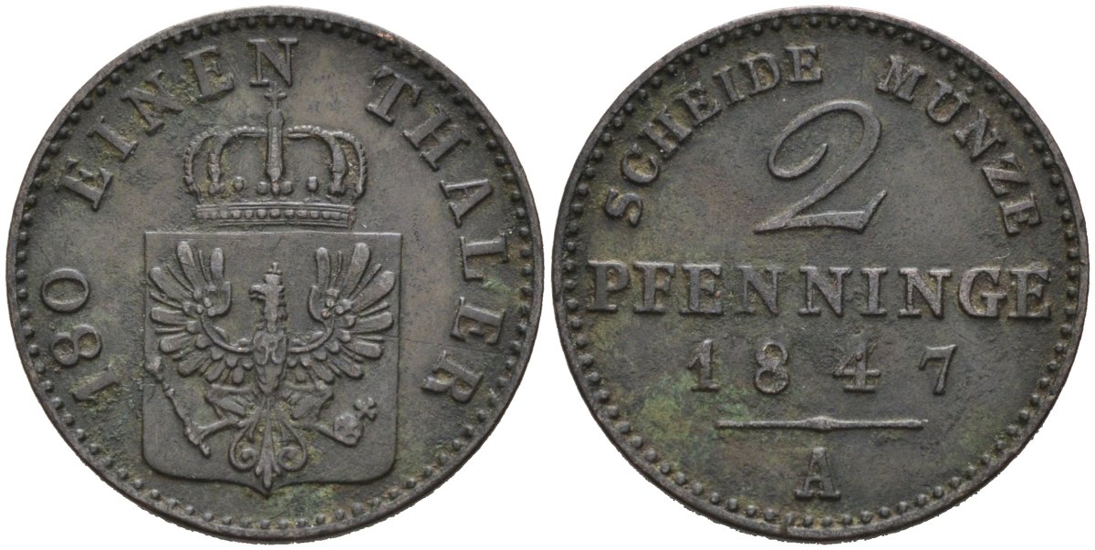 Пруссия 2 пфеннига 1847 A, Фридрих Вильгельм IV (1846-1860) KM 452, AKS 91 медь 4575-741