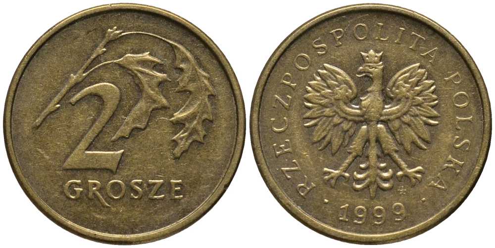 Польша 2 гроша 1999 MW KM 277, Parchimowicz 702f латунь 201-411