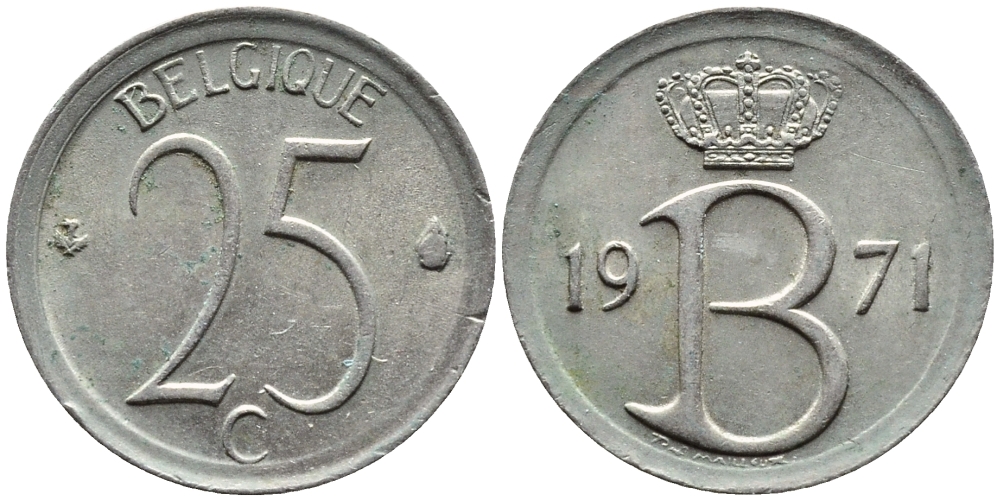 БЕЛЬГИЯ 25 САНТИМОВ 1971 BELGIQUE KM 153.1 медно-никель 4392-435