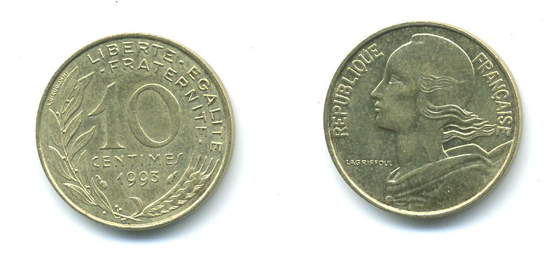 ФРАНЦИЯ 10 САНТИМОВ 1993 ТИП MARIANNE KM 929, LE FRANC 144.35 медь алюминий никель 84-1643