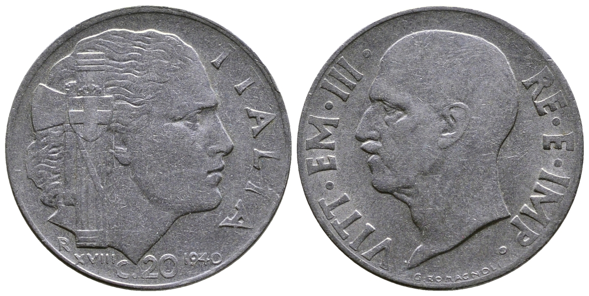 Италия 20 чентезимо 1940 R, Виктор Эммануил III (1900-1946), XXI год KM 75b, VEM3. 1025 нержавеющая сталь 4622-352