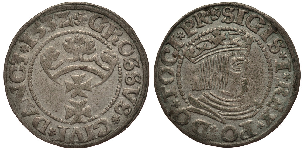 Данциг 1 грош 1532 Сигизмунд I Старый (1506-1548), вес 1,89 гр. серебро 1516-1433