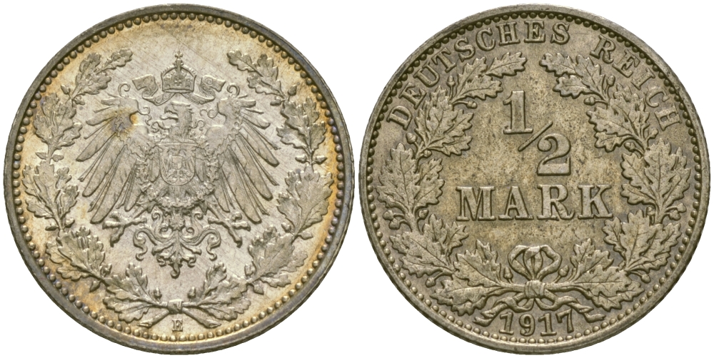 Германия 1/2 марки 1917 Е KM 17, J. 16 серебро UNC 65-251