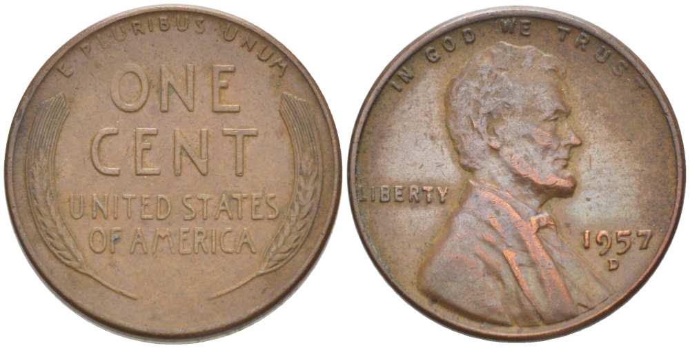 США 1 ЦЕНТ 1957 D, ЛИНКОЛЬН KM А132 медь цинк 3309-1211