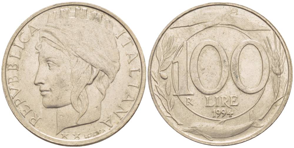 ИТАЛИЯ 100 ЛИР 1994 R KM 159 медно-никель 4551-443