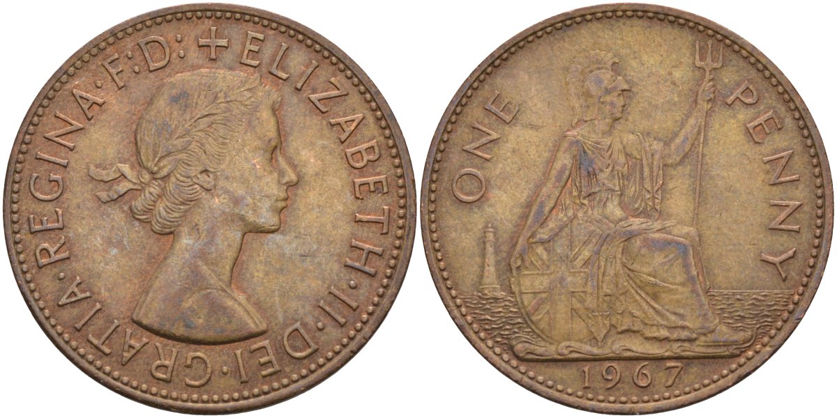 Великобритания 1 пенни 1967 Елизавета II (1952-2022) KM 897, Spink 4157 бронза 4117-1242