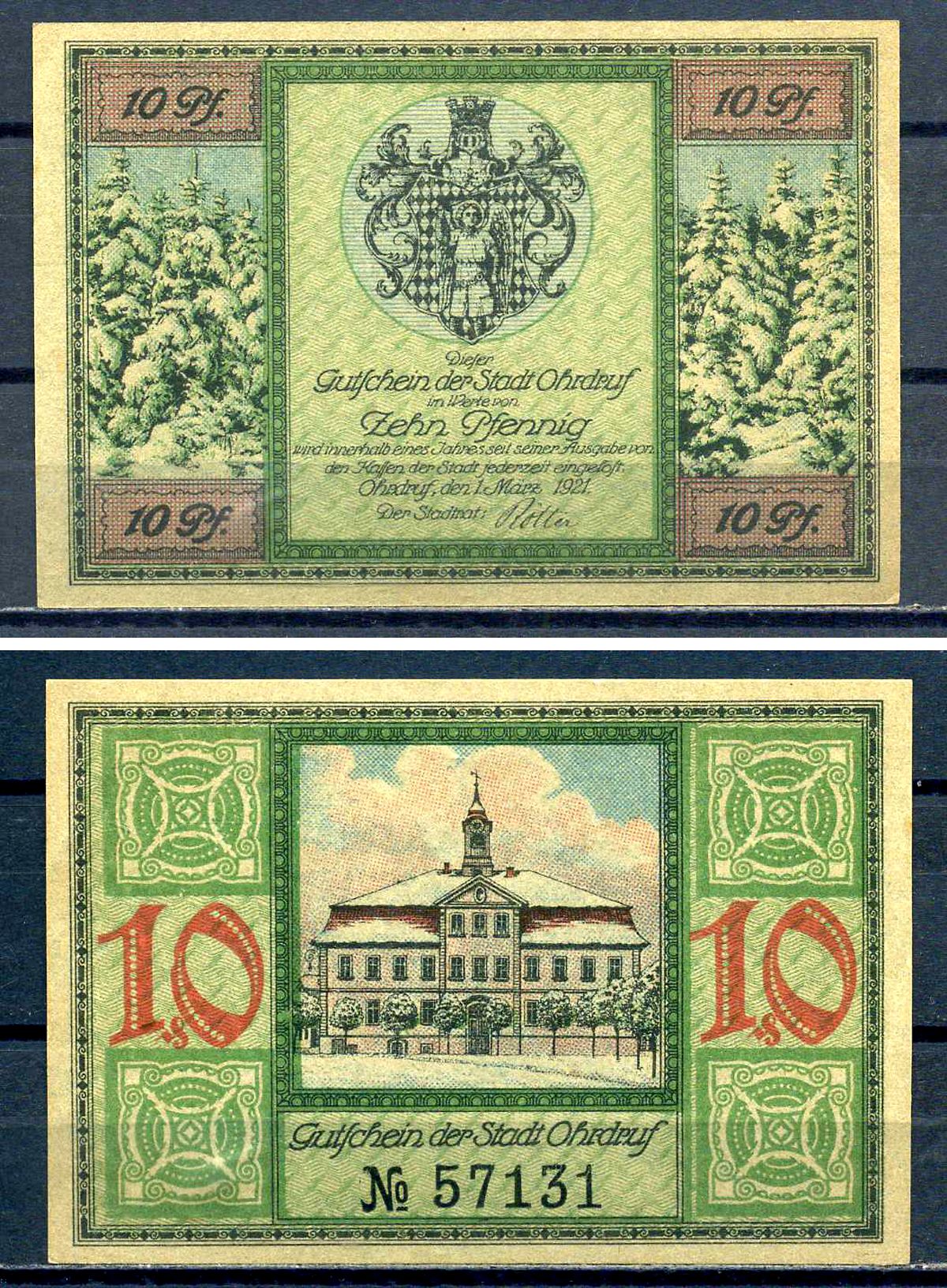 Ордруф (Тюрингии) 10 пфеннигов 1921 бумага UNC (пресс) 7556-14-3-1