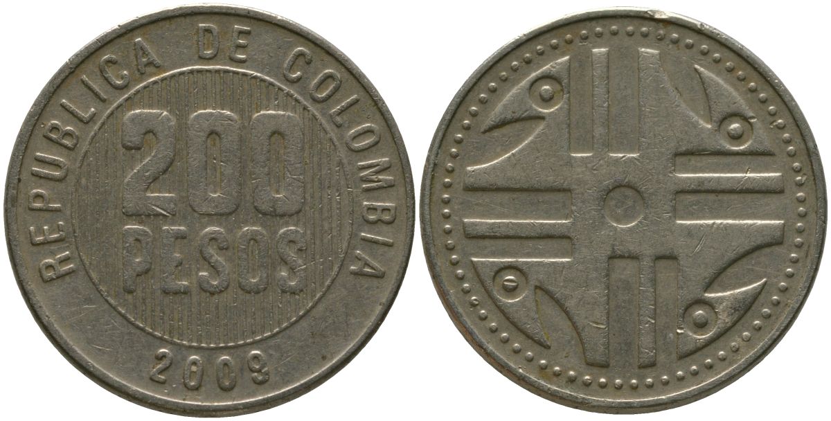 Колумбия 200 песо 2009 KM 287.4, Schon 113, Restrepo 446 никель латунь 4538-422