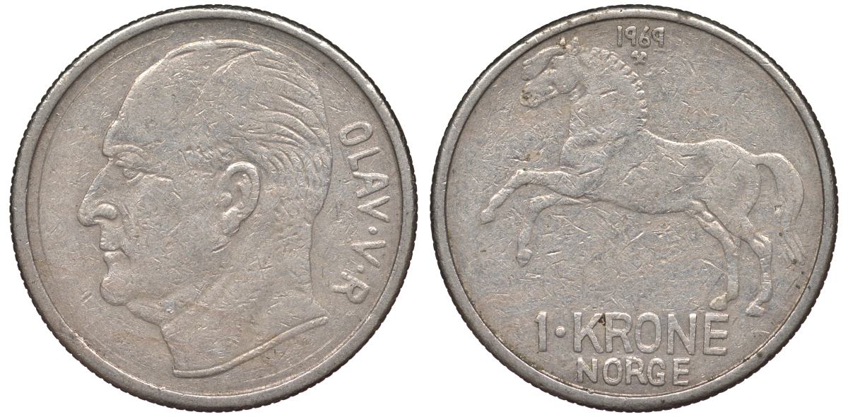 Норвегия 1 крона 1969 лошадь KM 409 медно-никель 25-2141