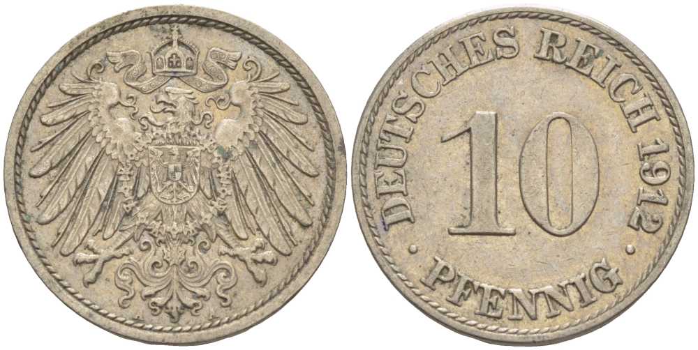 ГЕРМАНИЯ 10 ПФЕННИГОВ 1912 A KM 12, J. 13 медно-никель 33-435