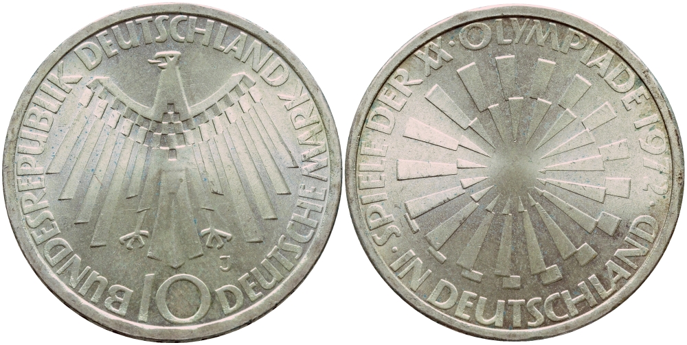 ФРГ 10 МАРОК 1972 J, ОЛИМПИАДА, СПИРАЛЬ J 401b, KM 134.1 серебро aUNC 1522-341