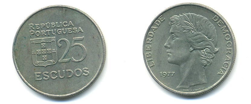 ПОРТУГАЛИЯ 25 ЭСКУДО 1977 KM 607 медно-никель 80-427