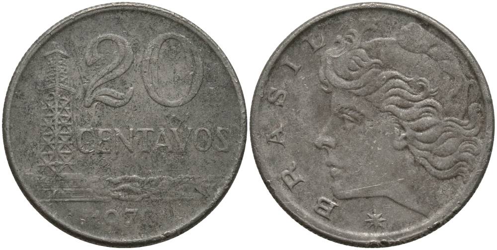 Бразилия 20 сентаво 1970 голова Свободы влево KM 579.2, Schon 84a медно-никель 181-257