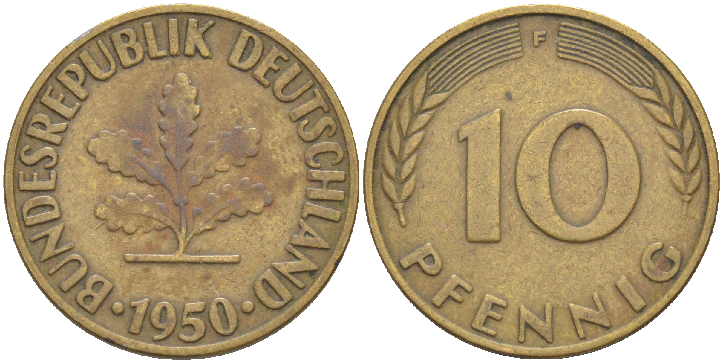 ФРГ 10 пфеннигов 1950 F KM 108, J. 383 сталь плакированная латунью 4513-945