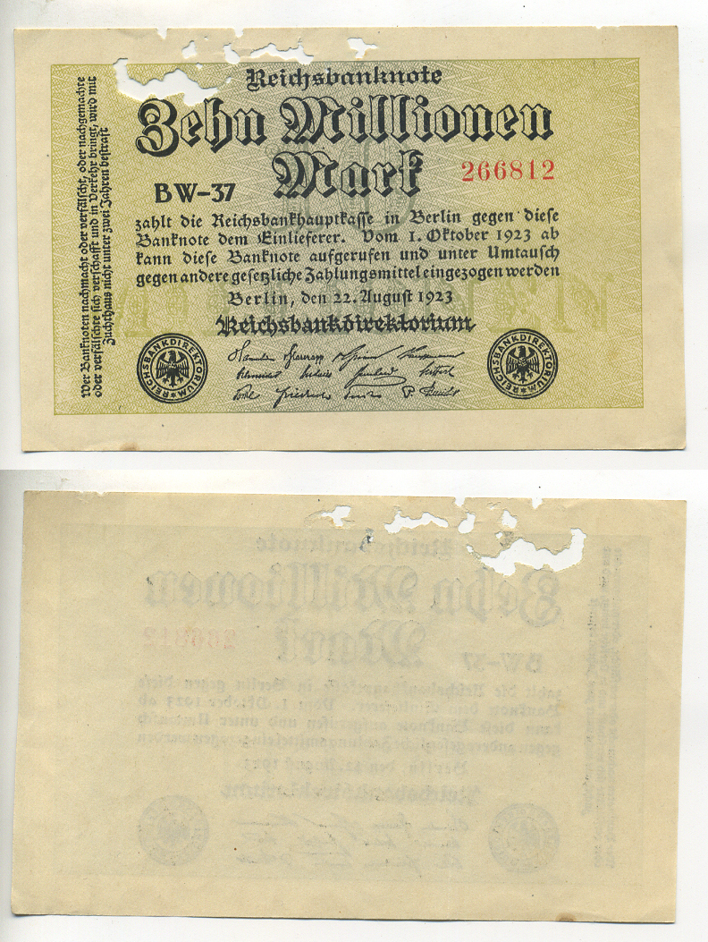 Германия 10000000 марок 1923 22 августа 1923, водяной знак L Pick 106b бумага 7217-88-3-2