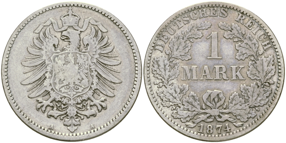 Германия 1 марка 1874 A Weege 17, J. 9, KM 7 серебро 98-1227
