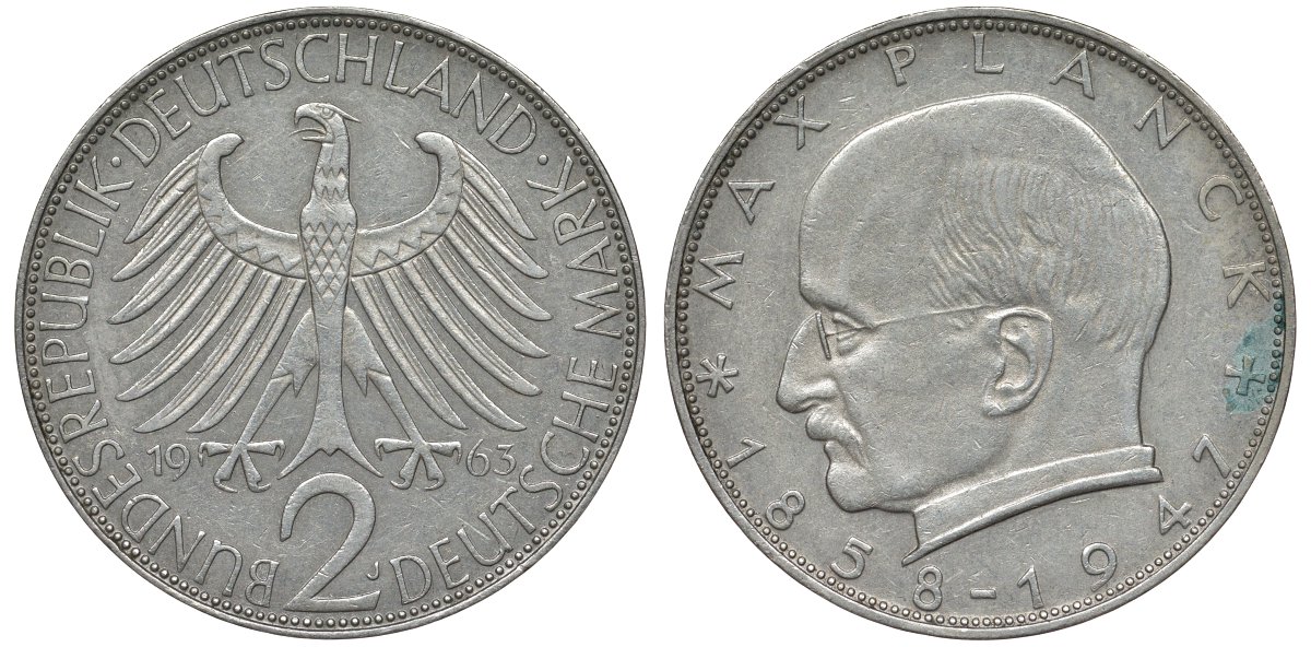 ФРГ 2 марки 1963 J, Макс Планк KM 116, J. 392 медно-никель плакированный никелем 72-326