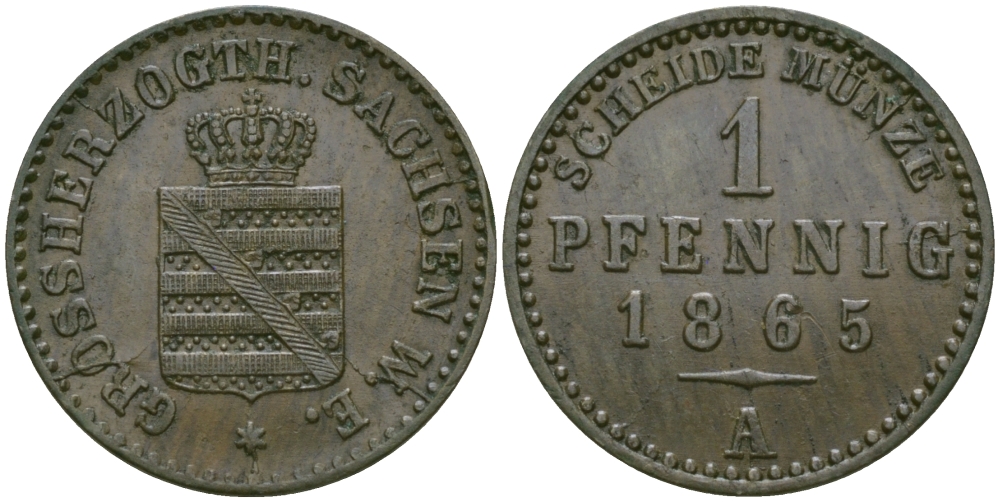 Саксен-Веймар-Эйзенах 1 пфенниг 1865 А, Карл Александр (1853-1901) KM 89, Jaeger 533, AKS 37 медь 99-567