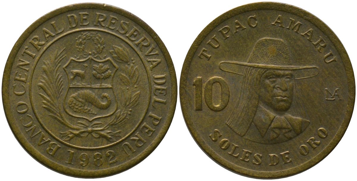 Перу 10 солей 1982 KM 272.2, Schon 73 латунь 4541-254