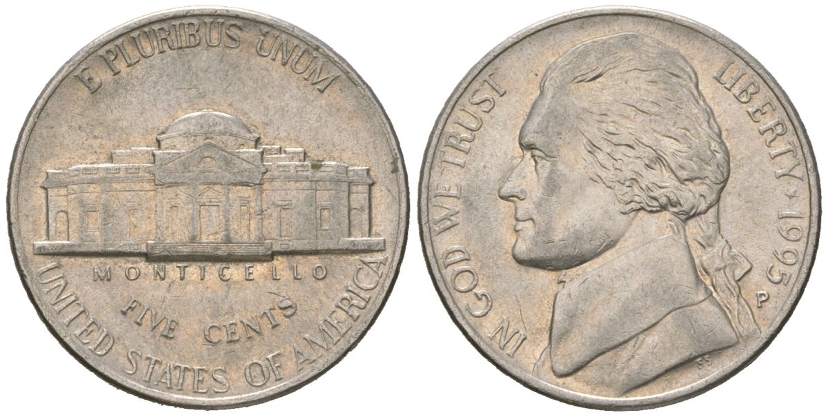 США 5 центов 1995 P, Томас Джефферсон KM A192 медно-никель aUNC 216-516