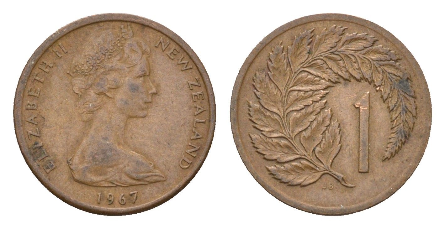 Новая Зеландия 1 цент 1967 Елизавета II (1952-2022), лист папоротника KM 31.1 бронза 4669-1164
