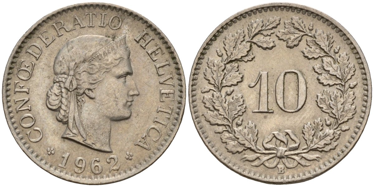 Швейцария 10 раппенов 1962 B KM 27 медно-никель 4189-366