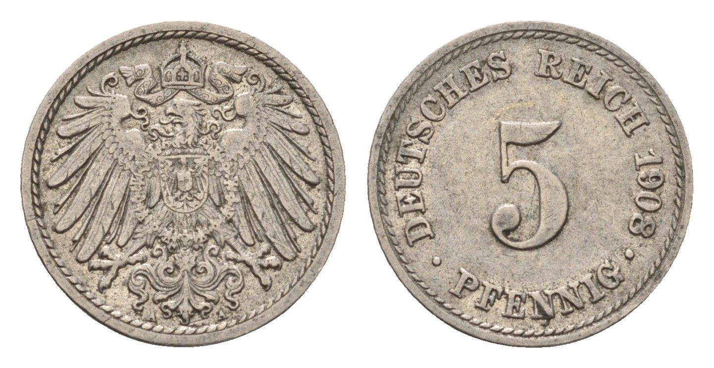 Германия 5 пфеннигов 1908 A KM 11, J. 12 медно-никель 4651-667