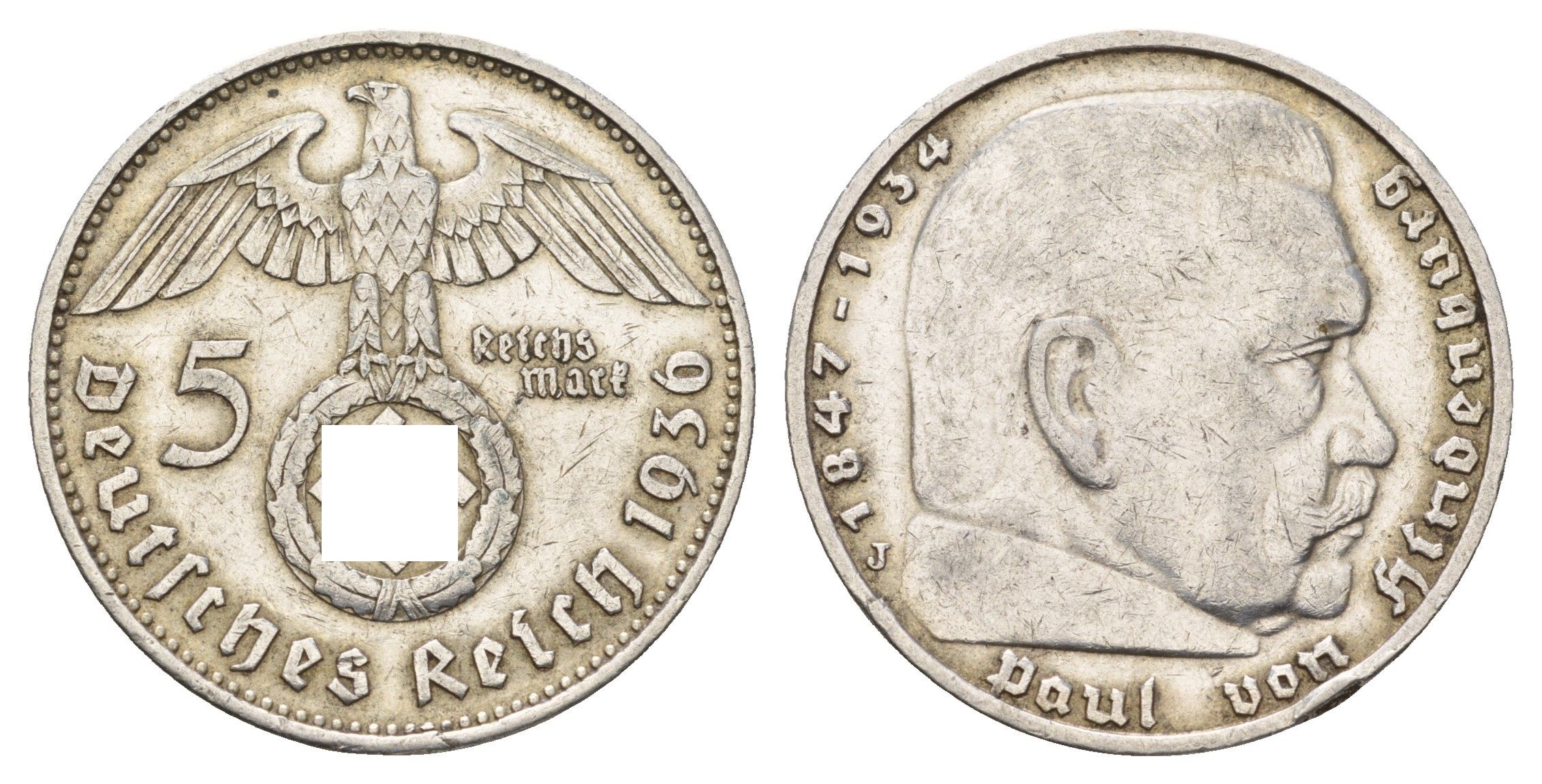 Германия 5 рейхсмарок 1936 J, Пауль фон Гинденбург (1847-1934) KM 94, J. 367 серебро 1518-1141