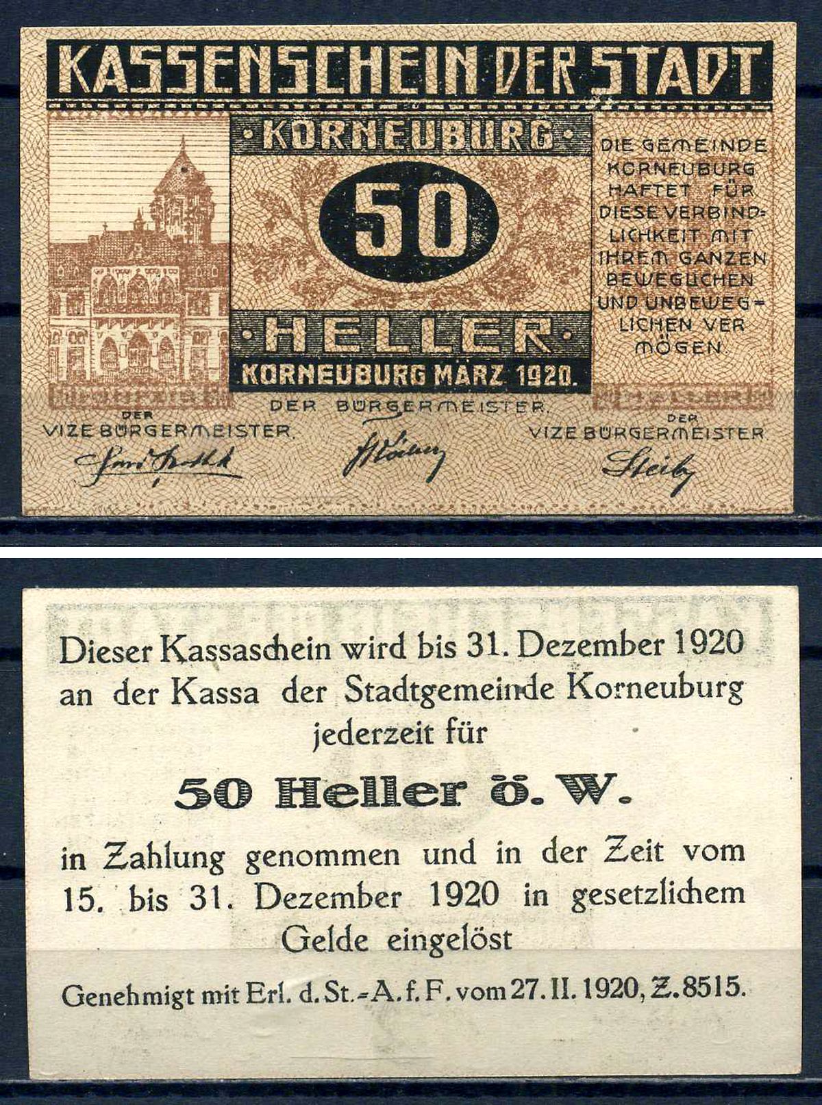 Корнойбург (Австрия) 50 геллеров 1920 Jaksc/Pick?JPR0466a-50.1 бумага UNC (пресс) 7556-27-2-2