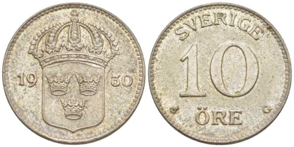 Швеция 10 эре 1930 G, Густав V (1907-1950) KM 780 серебро 116-1154