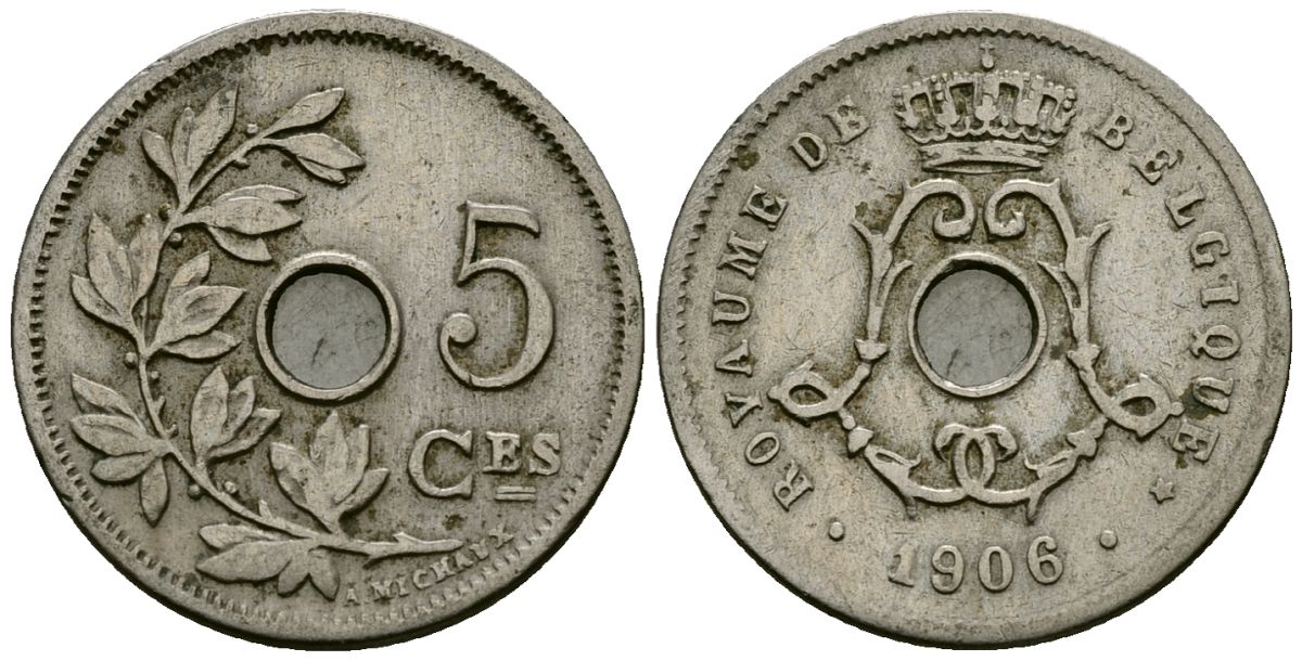 Бельгия 5 сантимов 1906 Belgique KM 54 медно-никель 4173-421