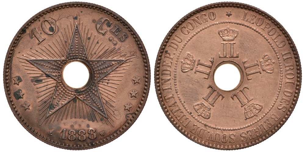 Бельгийское Конго 10 сантимов 1888 KM 4 медь aUNC 5010-424