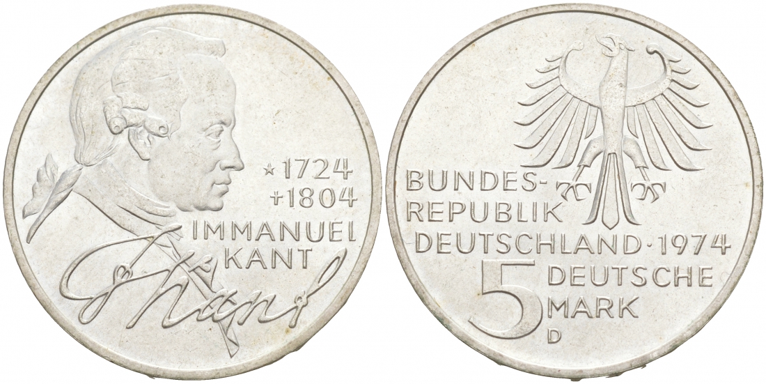 ФРГ 5 марок 1974 D, 250 лет со дня рождения Иммануила Канта KM 139 серебро 3855-622