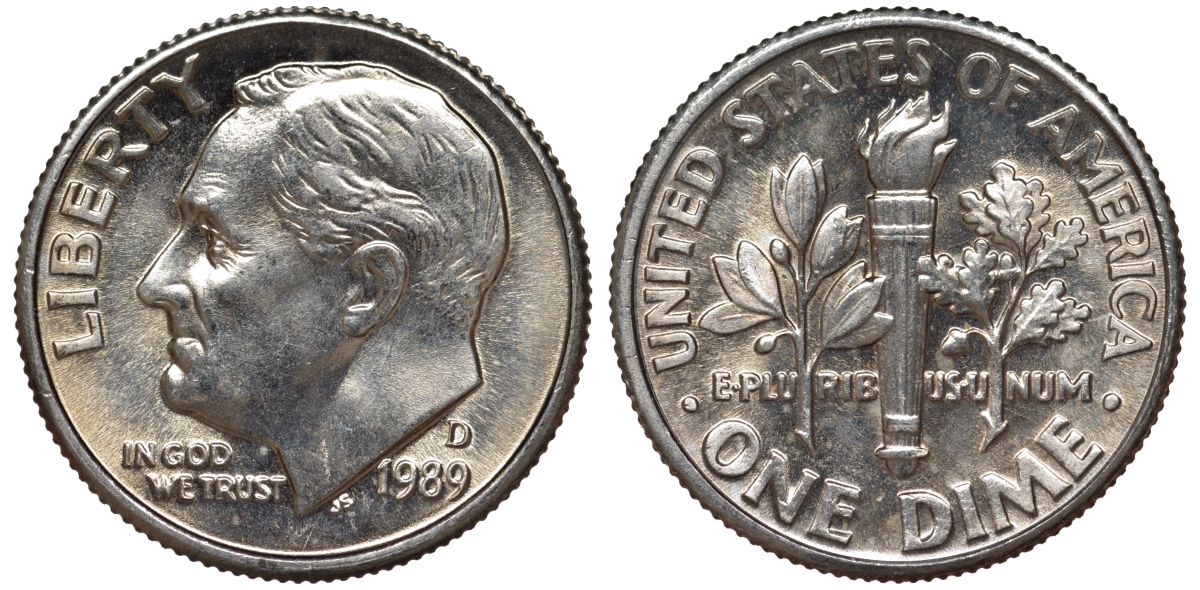 США 1 дайм - 10 центов 1989 D, Рузвельт KM 195a медь плакированная медно-никелем 4549-537