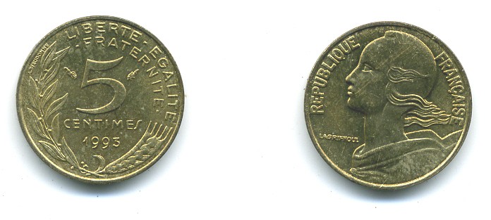 ФРАНЦИЯ 5 САНТИМОВ 1993 ТИП MARIANNE KM 933 медь алюминий никель 84-1556