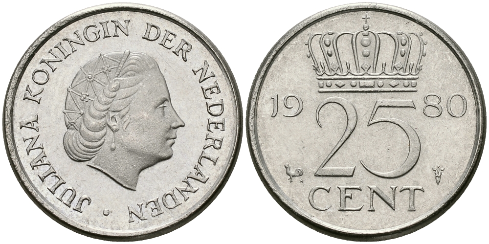 НИДЕРЛАНДЫ 25 ЦЕНТОВ 1980 ЮЛИАНА KM 183 никель 96-262