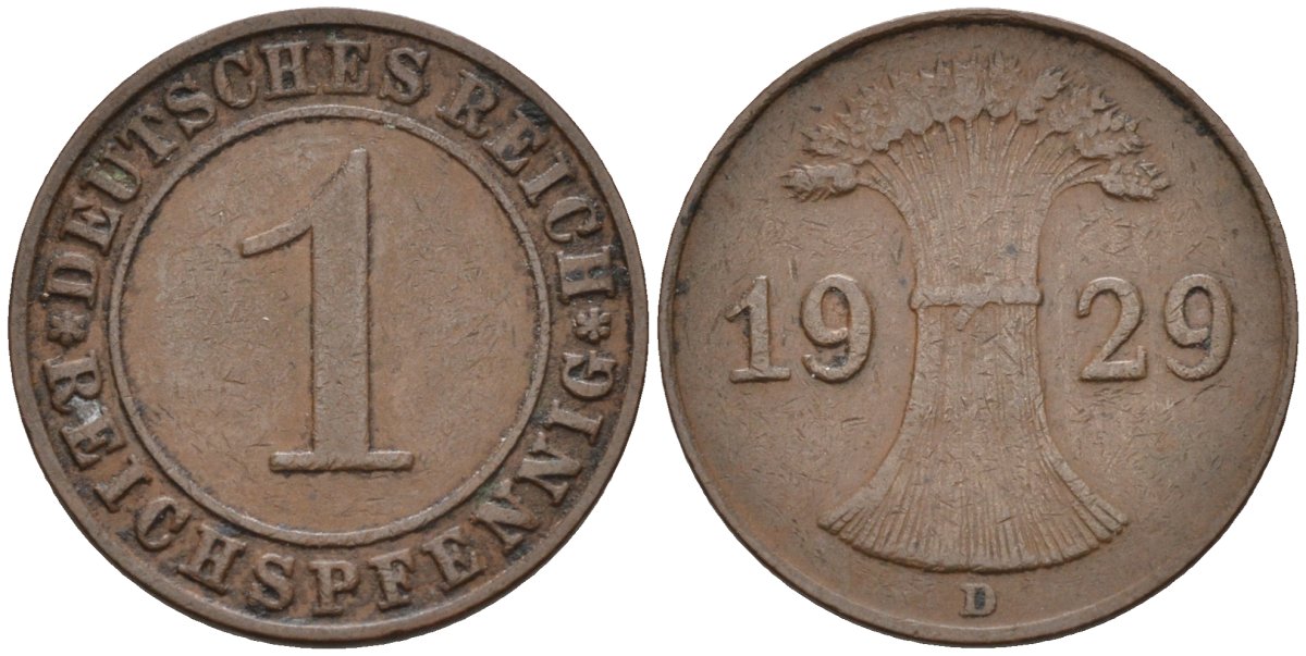 Германия 1 рейхспфенниг 1929 D KM 37, J.313, Weege 2 медь 4585-569