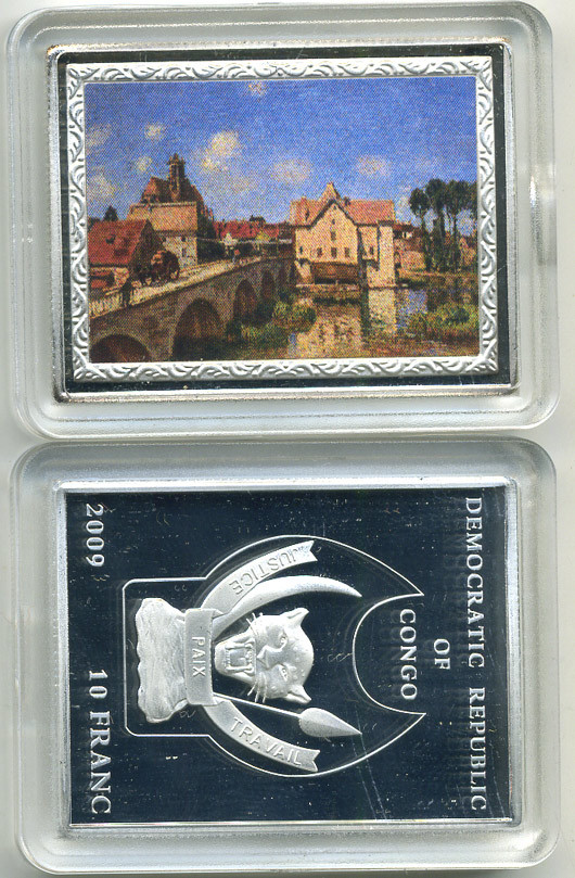 Конго 10 франков 2009 серия шедевры мировой живописи, АЛЬФРЕД СИСЛЕЙ, МОСТ В МОРЭ, серебрение, размер 35Х46 мм., цветная эмаль медно-никель PROOF M43-6