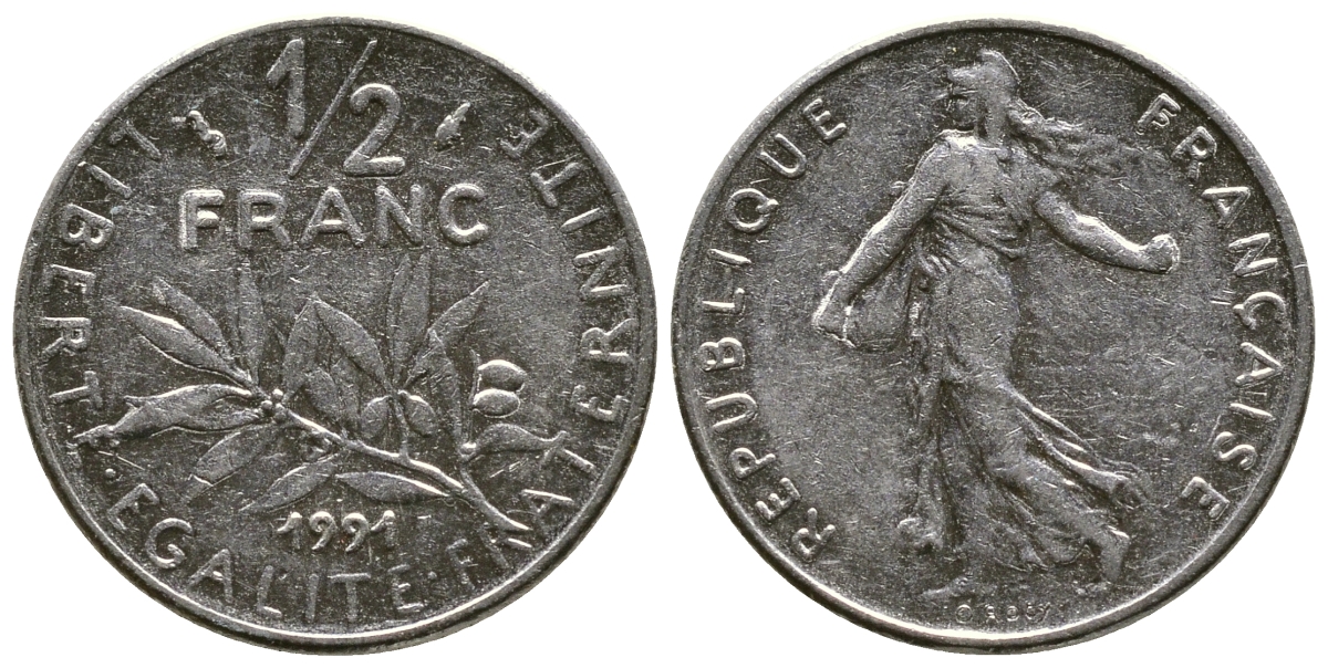 Франция 1/2 франка 1991 сеятель KM 931.1 никель 51-4315