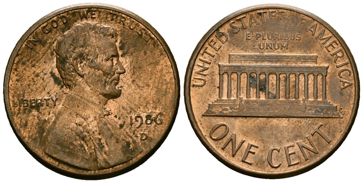 США 1 цент 1986 D, Линкольн KM 201b цинк плакированный медью 4136-315