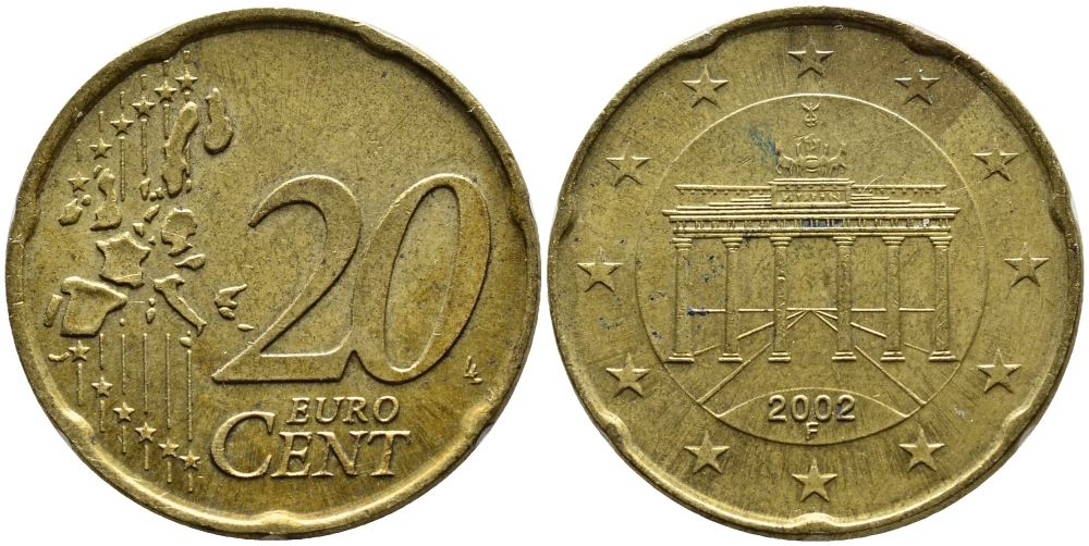 ГЕРМАНИЯ 20 ЕВРОЦЕНТОВ 2002 F KM 211 латунь 4393-1131