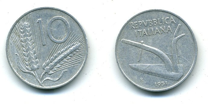 ИТАЛИЯ 10 ЛИР 1951 R, ПЛУГ KM 93 алюминий 25-917