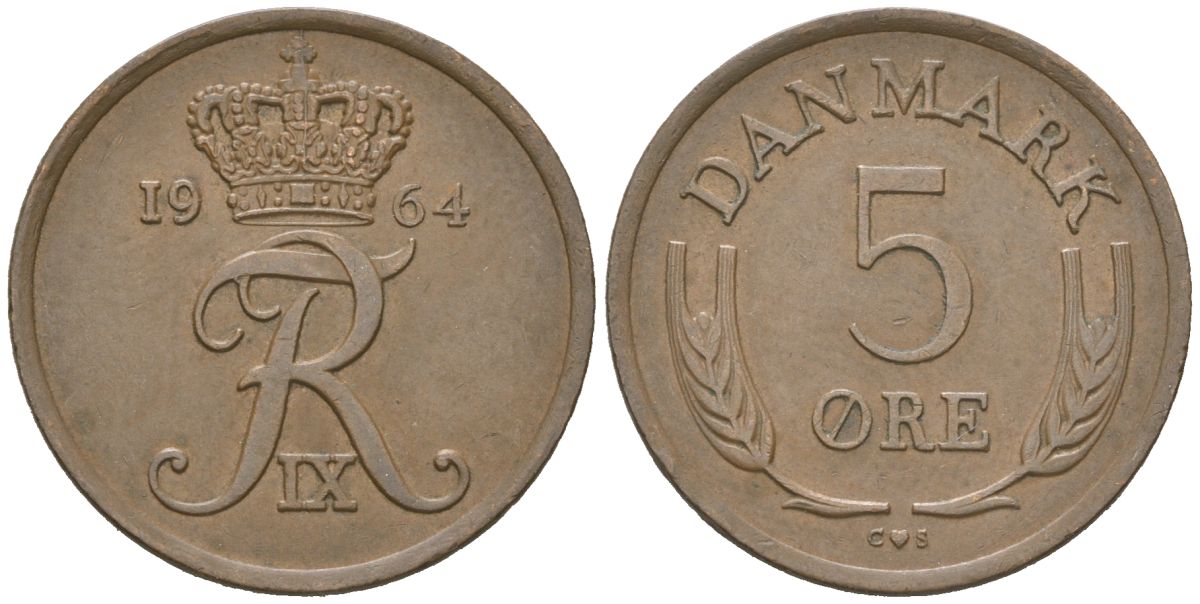 Дания 5 эре 1964 C; S, Фредерик IX (1947-1972) KM 848.1 бронза 4119-612