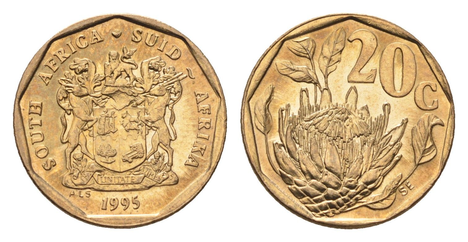 ЮАР 20 центов 1995 герб, цветок протея KM 136 сталь плакированная бронзой UNC 4690-949