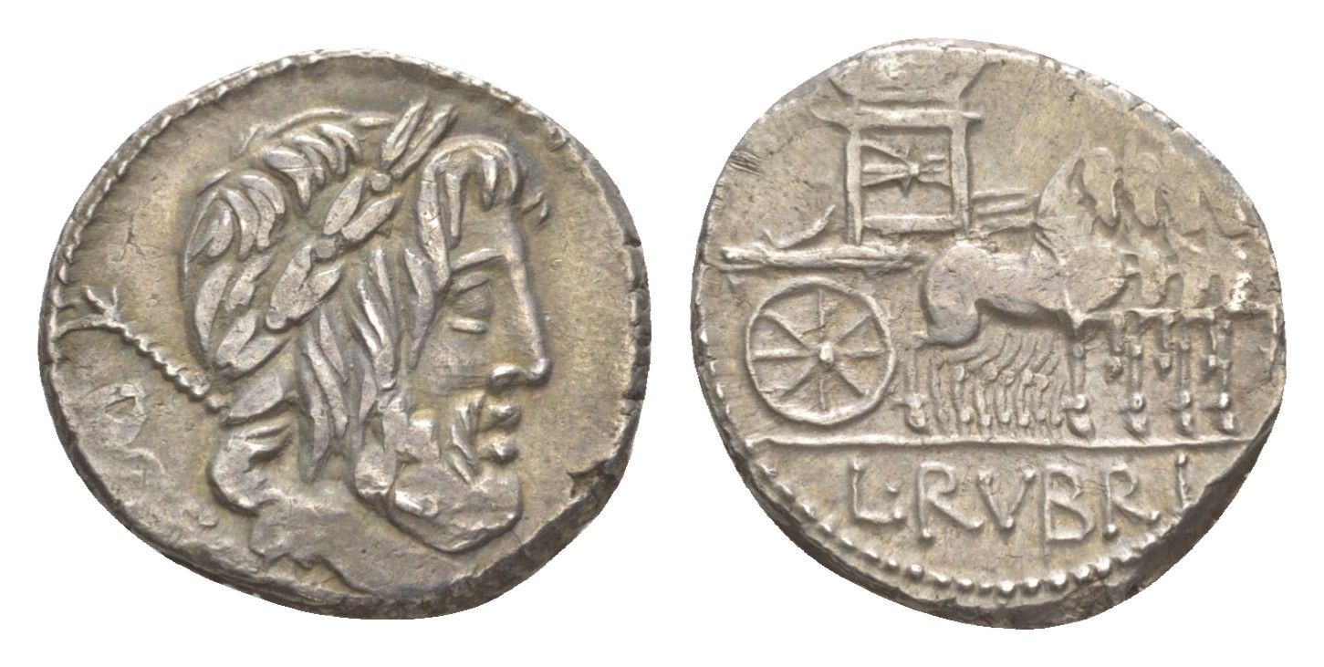 Римская Республика денарий 87 г. до н.э. монетарий Рубрий Доссен, DOSSEN, голова Юпитера, скипетр/L RVBRI, Виктория над триумфальной квадригой, Рим Crawford 348/1 серебро 00-812-21