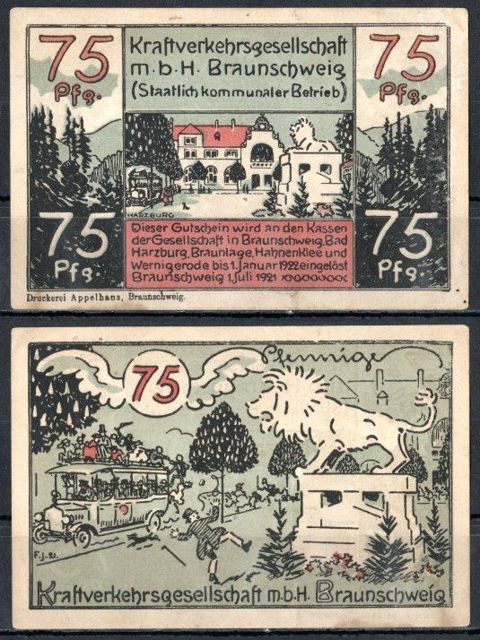 Брауншвейг 75 пфеннигов 1921 Mehl Grabowski 156.1-2/3 бумага UNC (пресс) 7556-55-2-1