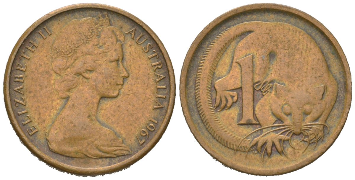 Австралия 1 цент 1967 Елизавета II (1952-2022), опоссум KM 62 бронза 96-857