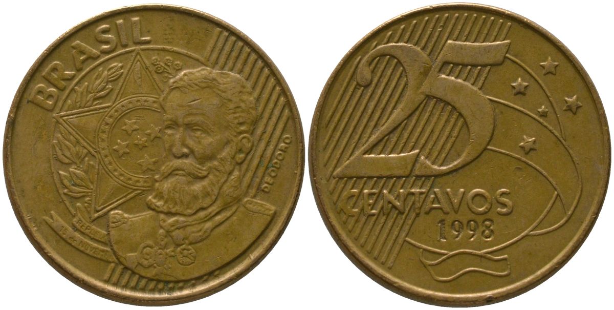 Бразилия 25 сентаво 1998 KM 650, Schon 158 сталь плакированная бронзой 4525-157
