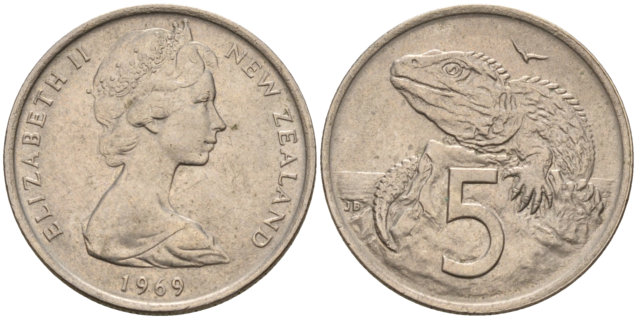 Новая Зеландия 5 центов 1969 Елизавета II (1952-2022), ящерица гаттерия KM 34.1 медно-никель 4602-649