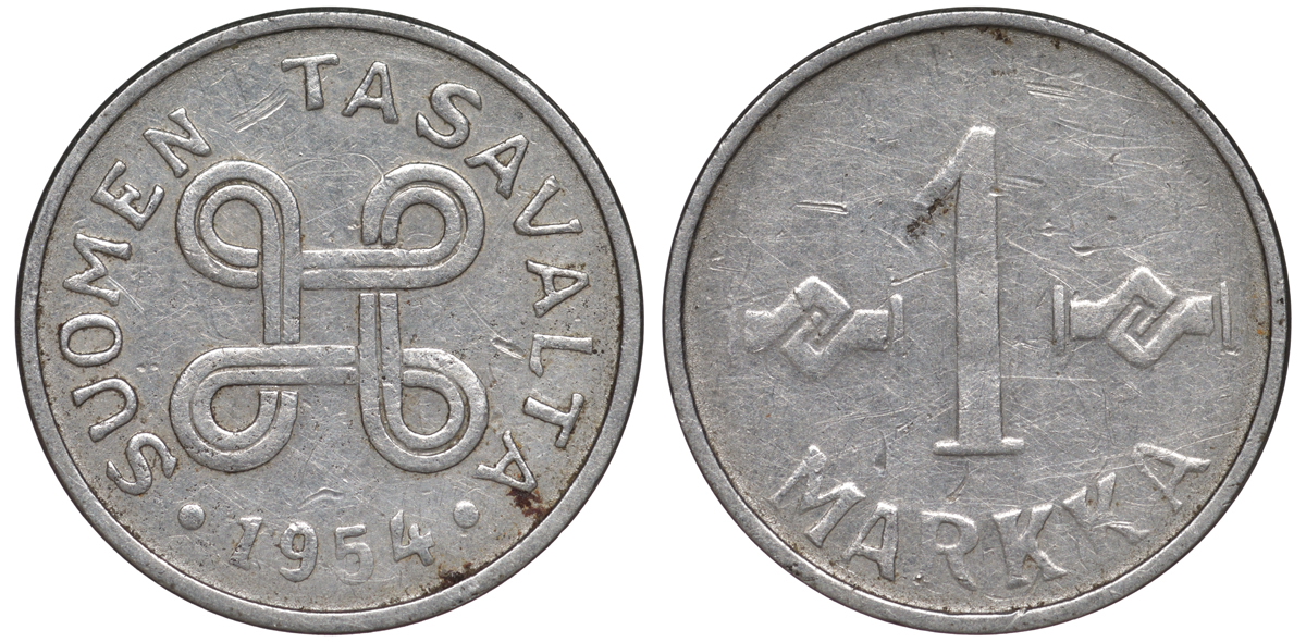 ФИНЛЯНДИЯ 1 МАРКА 1954 KM 36а железо плакированное никелем 3334-1235